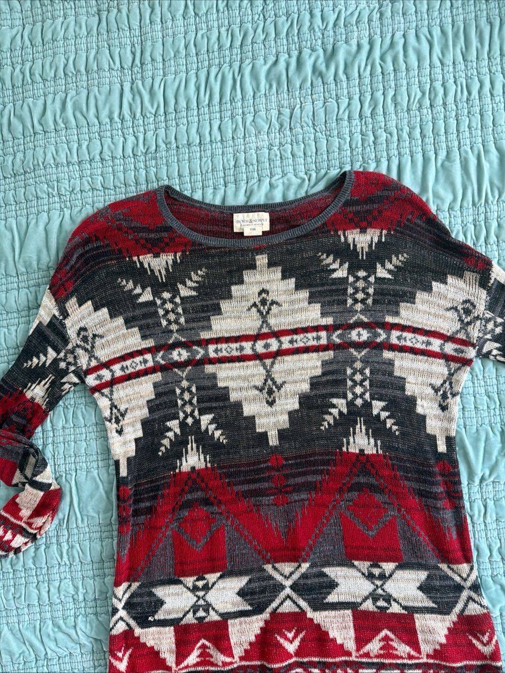Denim & Supply Ralph Lauren Red Black Cream Aztec-Pattern Crewneck Sweater-Large